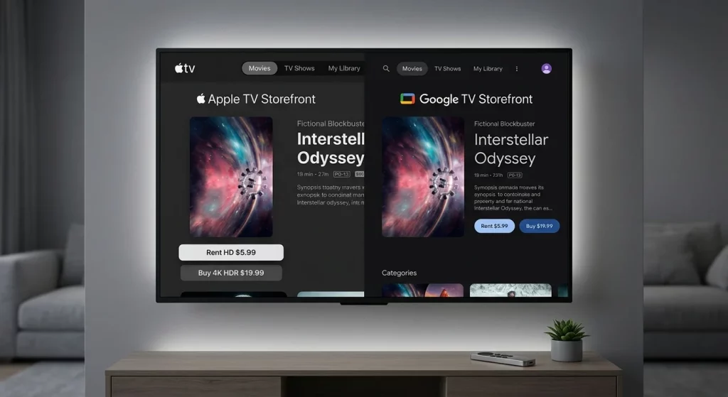 Renting or buying individual digital movies (TVOD) on global storefronts like Apple TV and Google TV.