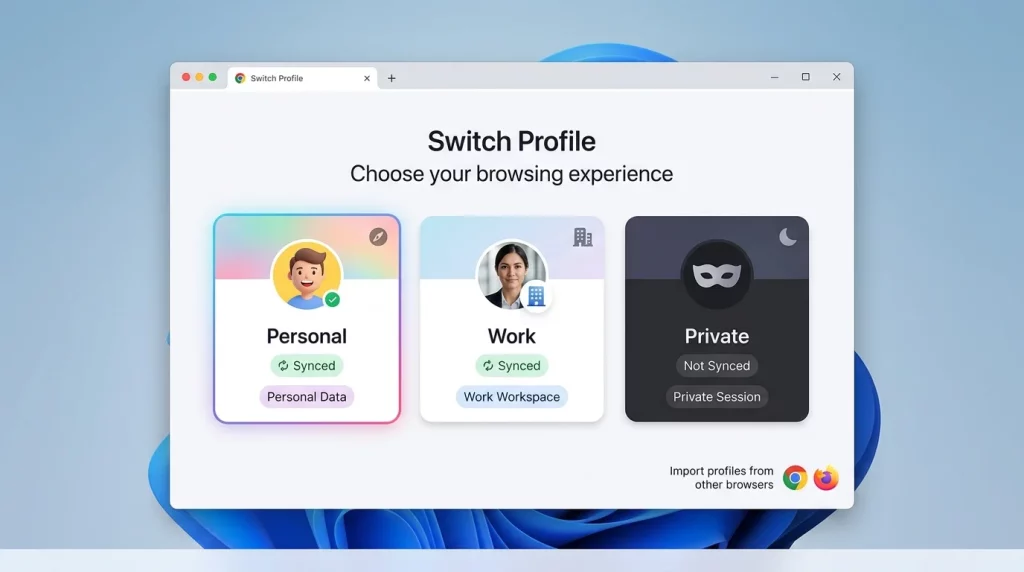 Comparing browser profile management interfaces across web browsers.