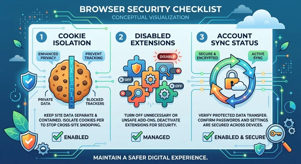 Process diagram for checking browser profile isolation and data security.